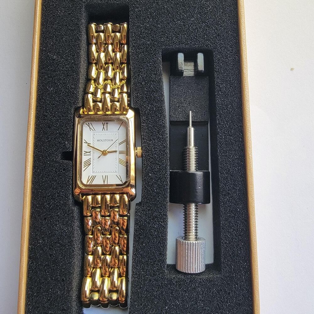 Holstour Womens Watch White Dial Gold Tone Rect Bracelet Roman Numerals Box